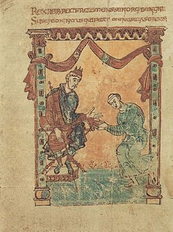 Wandalbert of Prüm presents his martyrology to a king, probably Louis the German, in a 9th-century illustration