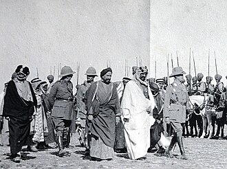 Sheikh Khaz'al, Ibn Saud, and Sir Percy Cox visiting the British army in Basra, during the Arab revolt, 1916