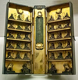 Portable shrine from the 1600s with 30 guardian deities and an invocation to the Lotus Sutra. Buddhism and kami worship were closely associated in Japan until they were separated in the late 1800s.