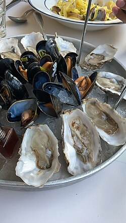 Mixed seafood served in Dubai. Raw oysters arranged at the edge of the tray, surrounding the central mussels.