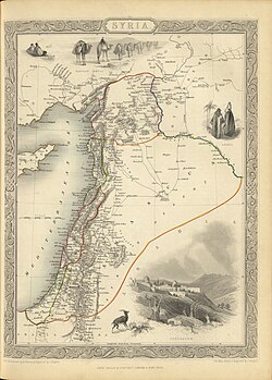 1851 map of Ottoman Syria, showing the Eyalets of Aleppo, Damascus, Tripoli, Acre and Gaza.