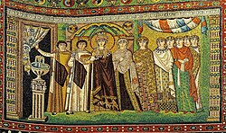 Empress Theodora and attendants in the mosaic program of San Vitale, Ravenna.