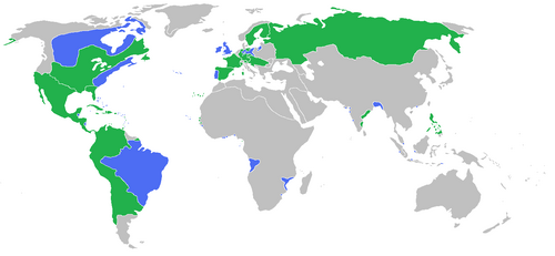 All the participants of the Seven Years' War[19] Great Britain, Prussia, Portugal (since 1762), Hanover France, Spain (since 1762), Austria, Russia (until 1762), Sweden, Saxony