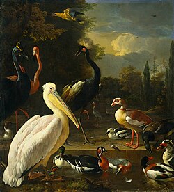 The Floating Feather, a painting by Melchior d'Hondecoeter (circa 1680) of the birds in the menagerie of William III of England at the Het Loo Palace showing a sarus crane in the background