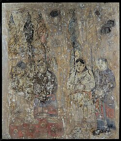 Liao tomb mural showing Khitan men with banners, drums, and maces