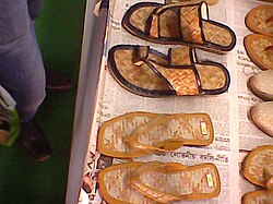 Handcrafted shoes from bamboo made by artists of West Bengal, India, at a fair in Kolkata