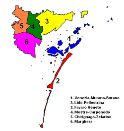 Boroughs: Venezia (Historic city)–Murano–Burano Lido–Pellestrina Favaro Veneto Mestre–Carpenedo Chirignago–Zelarino Marghera