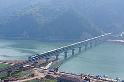 A train on the Jinhua–Wenzhou Railway, a single-track railway in Southern Zhejiang Province, China