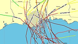 Hurricanes of Category 3 or greater passing within 100 miles of New Orleans (1852–2005), from NOAA
