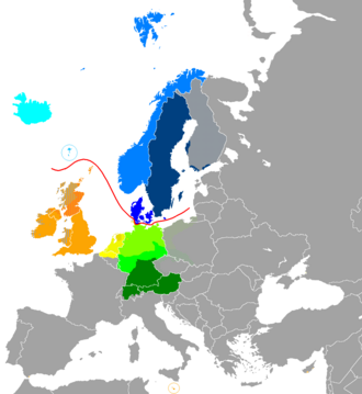 Extent of Germanic languages in present-day Europe:North Germanic languages West Germanic languages Dots indicate areas where it is common for L1 non-Germanic speakers to be L2 speakers of a neighbouring Germanic language.Lines indicate areas where it is common for L1 Germanic speakers to be L2 speakers of a neighbouring non-Germanic or other Germanic language.