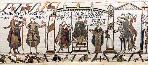 Coronation of Harold Godwinson at Westminster Abbey in 1066, from the Bayeux Tapestry