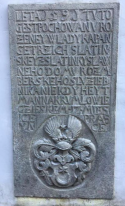 A headstone in Český Krumlov from 1591. The inscription features the distinctive Bohemian diphthong /ɛɪ̯/, spelled ⟨ey⟩.