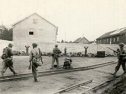 Photograph allegedly showing an unauthorized execution of SS troops in a coal yard in the area of the Dachau concentration camp during its liberation—part of the Dachau liberation reprisals. 29 April 1945 (U.S. Army photograph)[c]