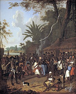 18th-century painting of Dirk Valkenburg showing plantation slaves during a Ceremonial dance.