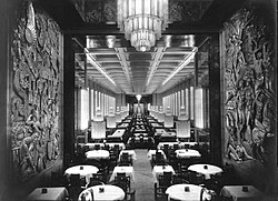 Grand dining room of the ocean liner SS Normandie by Pierre Patout (1935); bas-reliefs by Raymond Delamarre