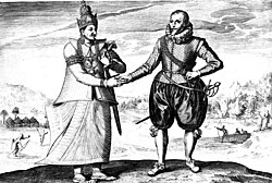 A 17th-century engraving of Dutch explorer Joris van Spilbergen meeting with King Vimaladharmasuriya in 1602