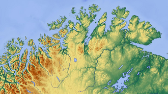 A map showing coastline and rivers. The largest river, slightly to the right, is Tana, and slightly to the left is Alta-Kautokeino river. Down to the right is lake Inari (Finland) from which goes the Pasvik valley of the Pasvikelva river. Near the far left corner of the map is the green Målselv valley of Troms, with the Målselva river.