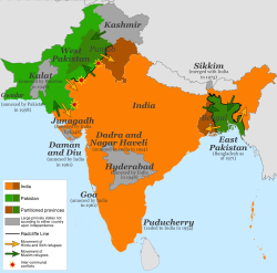 The partition of India: green regions were all part of Pakistan by 1948, and orange ones part of India.