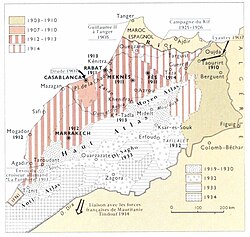 Map depicting the French conquest of Morocco from 1907 to 1934