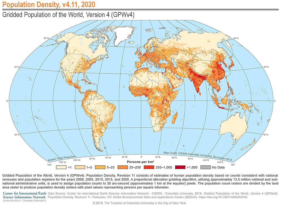 Choropleth map showing Population density (people per square kilometer) estimates by 30 arc-second grid in 2020