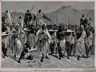 19th-century engraving depicting an Arab slave-trading caravan transporting black African slaves across the Sahara Desert