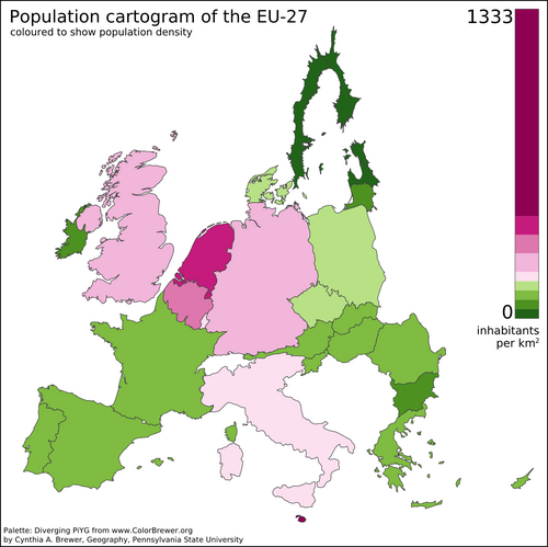 This population cartogram of the European Union (2007–2012) uses areas and colors to represent population.