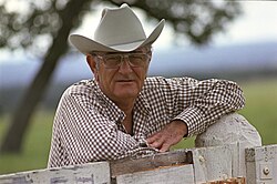 Johnson wearing a cowboy hat at his Texas ranch, c. 1972