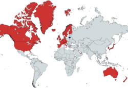 Comparison of Lithuania's GDP per capita to rest of the world where countries with higher GDP per capita are marked in red (2022)[182]
