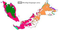 The distribution of language families of Malaysia shown by colours: Areas with multiple languages