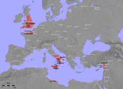 Norman possessions in the 12th century, including England (1066–1485, not always in personal union with Normandy), Normandy (911–1204), southern Italy and Sicily (1030–1263), parts of Africa around Tripoli (1146–1158), and the Crusader state of the Principality of Antioch. Not shown: Principality of Tarragona (1129–1173).