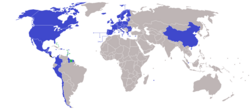 Countries (in blue) which have signed Free Trade Agreements with Costa Rica