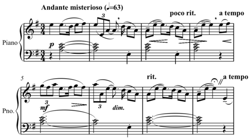 Dorian mode in Ernest Bloch's "Chanty" from Poems of the Sea, mm. 1–8.[9]