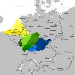 The Franconian dialects(The Rhenish fan) 1. Low Franconian Northern Low Franconian ik–ich line Southern Low Franconian maken–machen line 2. Middle Franconian Dorp–Dorf line dat–das line Appel–Apfel line 3. High Franconian