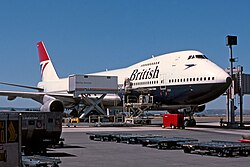 British Airways 747-136 at Adelaide Airport, Australia (1984). This aircraft adorns the former 'Negus' livery, which was in use from 1974 till 1985.