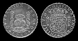 The Pillars of Hercules wrapped by a cloth band, on an 18th-century Spanish coin.