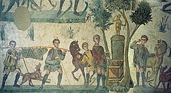 A Roman mosaic depicting a banquet during a hunting trip, from the Late Roman Villa Romana del Casale, Sicily