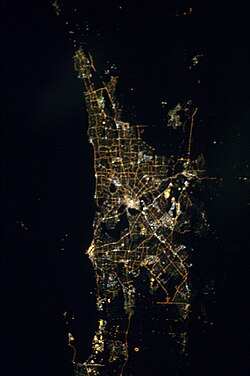 Satellite image of the Perth metropolitan region at night.