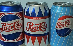 Pepsi cans styled with old designs from the 1940s, 1950s and 1960s respectively