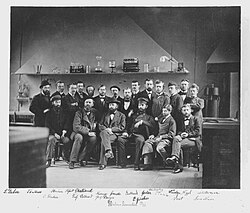 Emil Fischer, who elucidated the structure of glucose, with colleagues and student in their laboratory of LMU Munich in 1877.