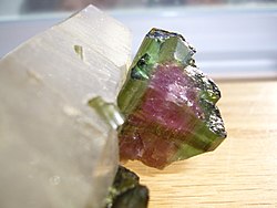 Watermelon Tourmaline mineral on quartz matrix (crystal approximately 2 cm (0.79 in) wide at face)
