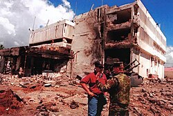 The U.S. Embassy in Dar es Salaam, Tanzania, in the aftermath of 7 August 1998, Al-Qaeda suicide bombing.