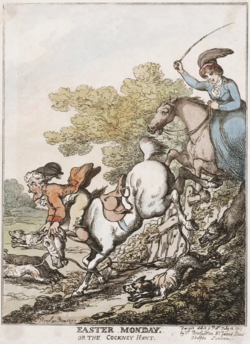 An 1807 caricature by Thomas Rowlandson, ridicules ordinary Londoners at the Easter Monday stag hunt, a sport usually reserved for the wealthy.