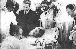 Dr. Luis Agote (2nd from right) overseeing one of the first safe and effective blood transfusion in 1914