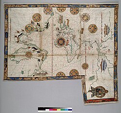 Terra Australis, depicted on one of the Dieppe maps from 1543 as a large promontory attached to South America. The landmass bears a striking resemblance to the western portion of mainland Australia.