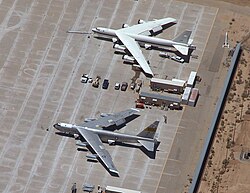 NASA's NB-52B Balls 8 (lower) and its replacement B-52H on the flight line at Edwards Air Force Base in 2004