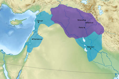 The Neo-Assyrian Empire at the start (purple) and end (blue) of Tiglath-Pileser III's reign
