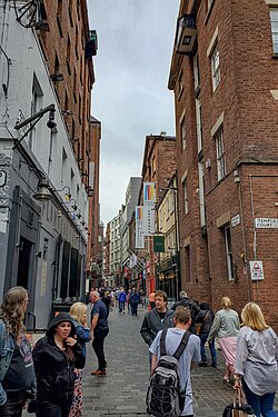 Mathew Street is one of many tourist attractions related to the Beatles, and the location of The Cavern Club and Liverpool Wall of Fame.