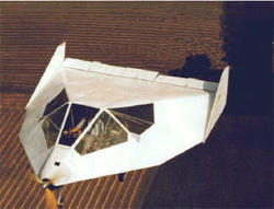 Wainfan Facetmobile FMX-4 homebuilt lifting-body aircraft, photographed from above in flight