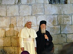 Pope Francis and Ecumenical Patriarch Bartholomew I in the Church of the Holy Sepulchre, Jerusalem, 2014
