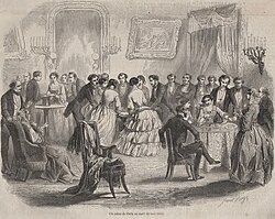 Parisian salon with people practicing three variations of table-turning using a ring, a table, and a hat.[43] (L'Illustration, Histoire de la semaine, May 14, 1853).[43]